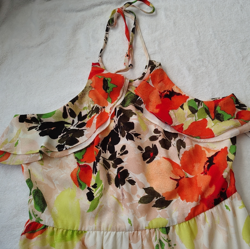 Nicole Miller Soft Peach-Pink Dress with Ivory Lining And Orange Floral Accents